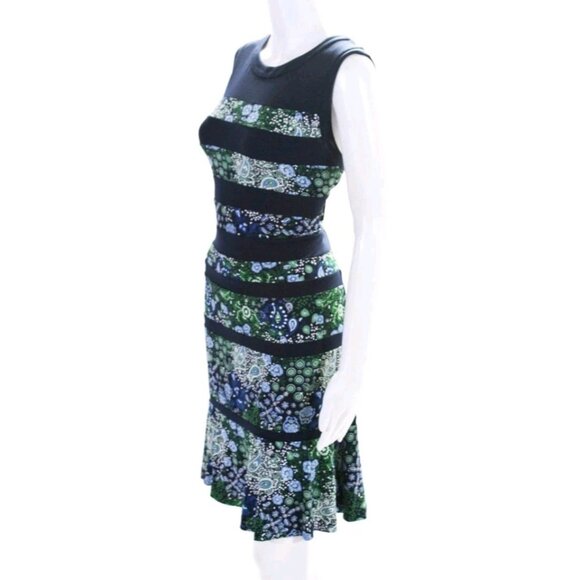 Michael Michael Kors Floral Print  Dress Size Large Blue Black Stretch Ruffle - Picture 2 of 6